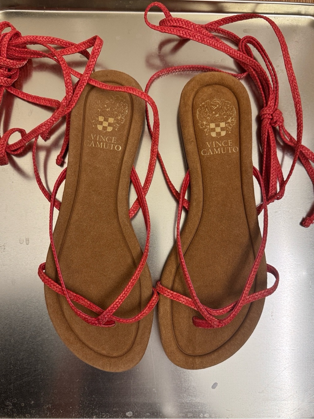NEW Vince Camuto Coral-Red Wrap Lace Flat Sandals size 8.5